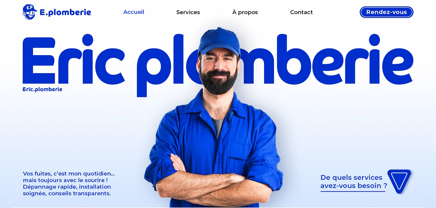 Exemples De Sites Internet Pour Artisan section hero pour l'artisan plombier fictif Eric Plomberie. Auvergne Rhône-Alpes